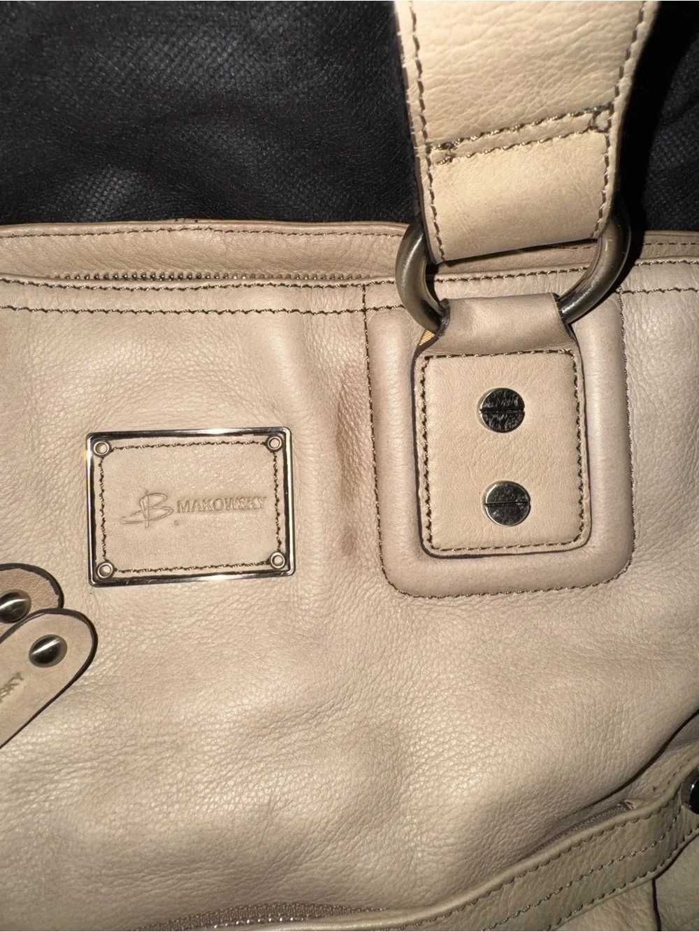 b. makowsky Cream Leather Shoulder Tote with Front Pleats